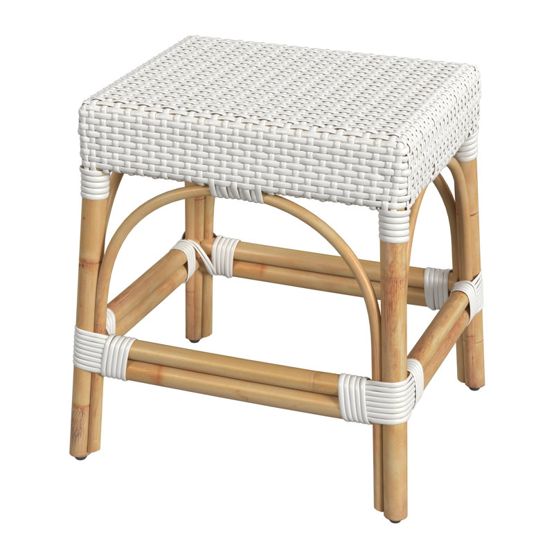 Lennart 18" Dining Stool, Glossy White/ Natural Rattan Frame