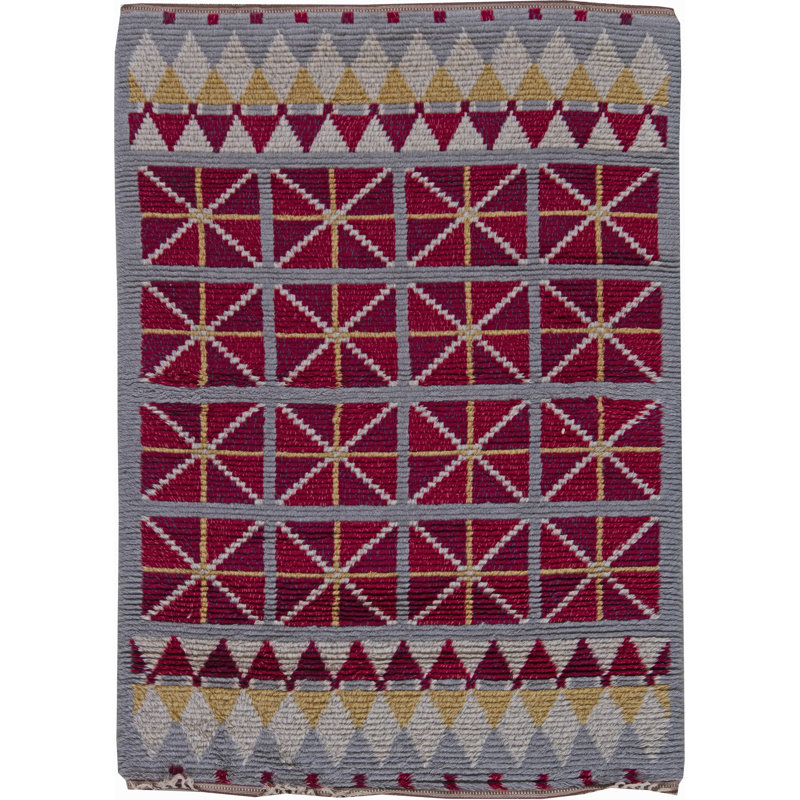 Tapis gris / rouge en laine noué à la main Vintage Mid-20Th Century