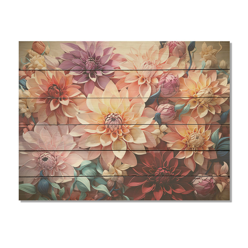 Dahlia Reflection Flowers Field - Flower Field Wood Wall Art On Natural Pine Wood, 24" H x 32" W