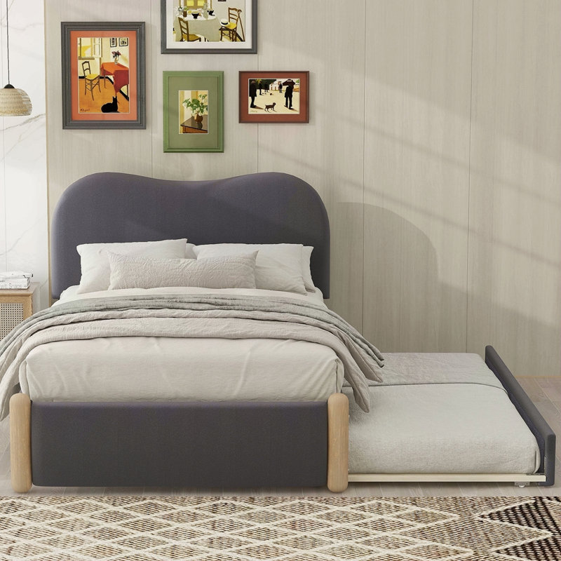 Lit plateforme tapissier avec pieds et gigogne en bois, Gris, Lit simple