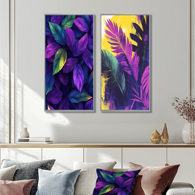Vibrant Leaf Explosion Of Mauve I - Floral Wall Art 2 Pieces