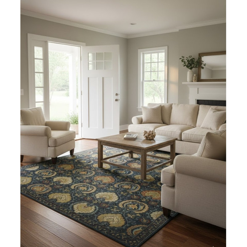 Ikat Hand-Knotted Wool Dark Slate/Cream/Blue Area Rug