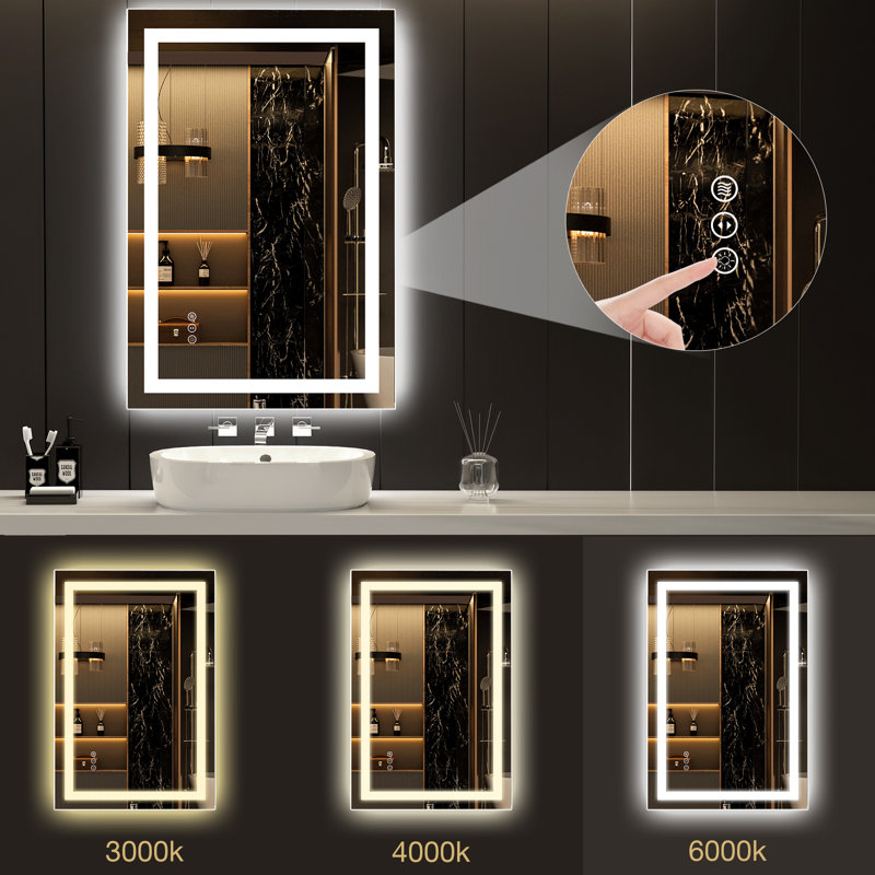 Rectangular Frameless Anti-Fog LED Light Wall Bathroom Vanity Mirror, 24" x 32"