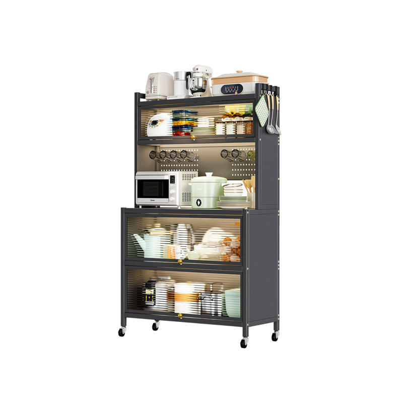 Organisateur de garde-manger en métal à 5 niveaux avec roulettes, portes à rabat transparentes et plaques de bricolage pour la cuisine, le salon et la salle à manger