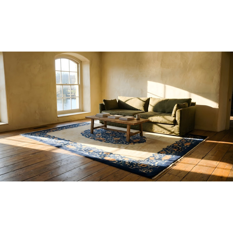 Tapis en laine beige et bleu antique