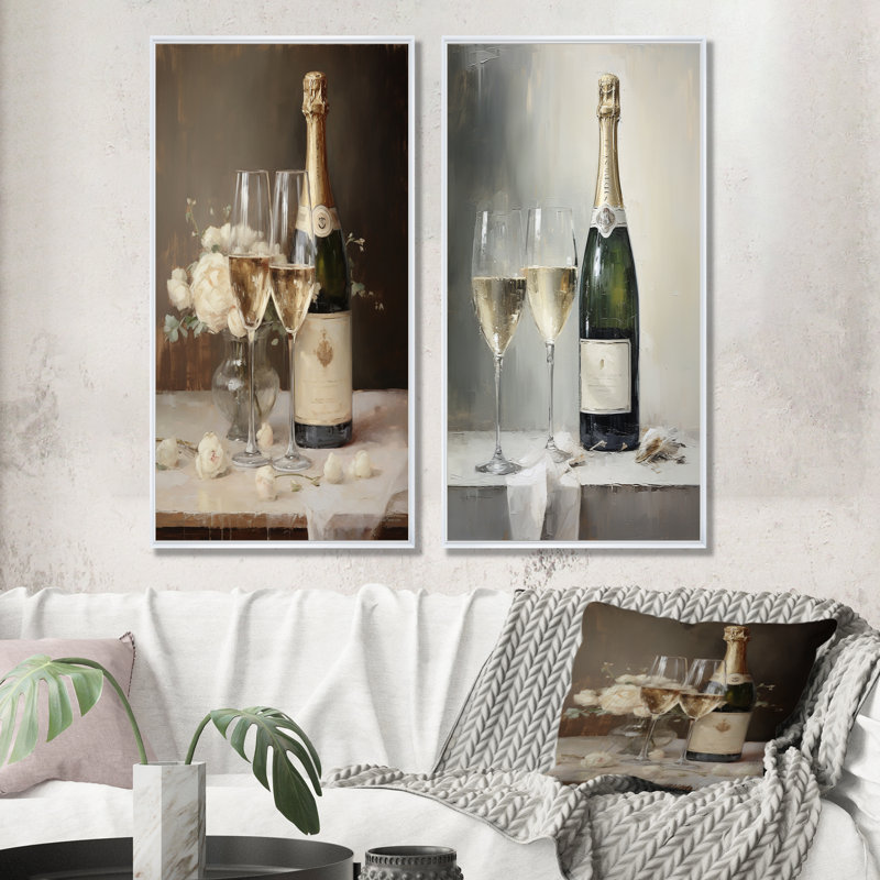 Legacys Lure Champagne and Glass - Champagne, ensemble de 2 reproductions d'art mural, Cadre flottant blanc