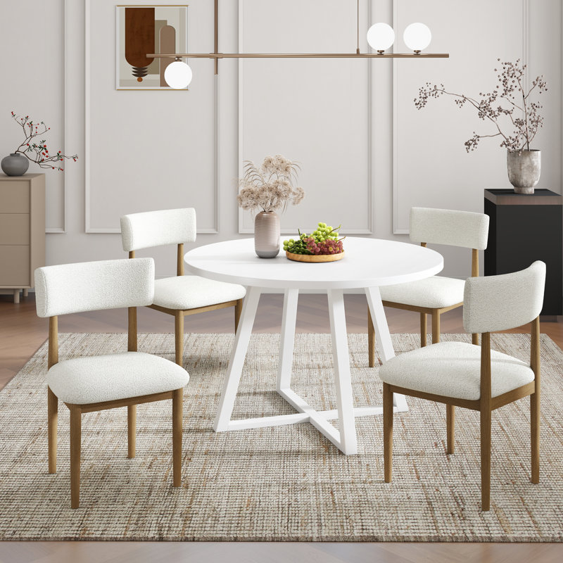 Ensemble de salle à manger 5 pièces Roundhill Furniture Evdo, table ronde à tréteaux et 4 chaises rembourrées, blanc et naturel