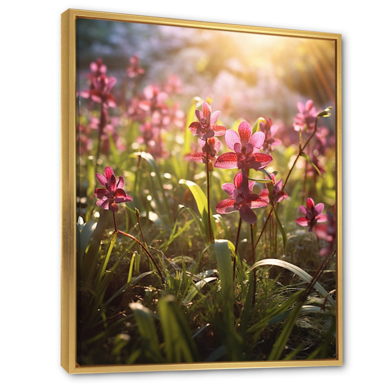 Orchidées exotiques roses et vertes sur toile, H 44 po x l 34 po x P 1,5 po, Cadre flottant doré