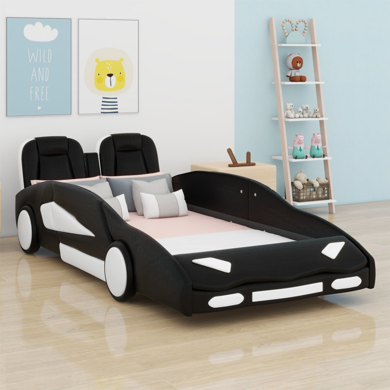 Race Car-Shaped Platform Bed With Wheels, Black