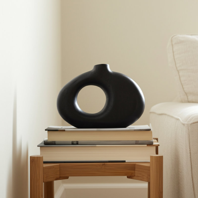 Elikem Modern Mango Wood Vase with Round Cutout Silhouette and Minimalist Sculptural Design for Contemporary Decorative Accents
