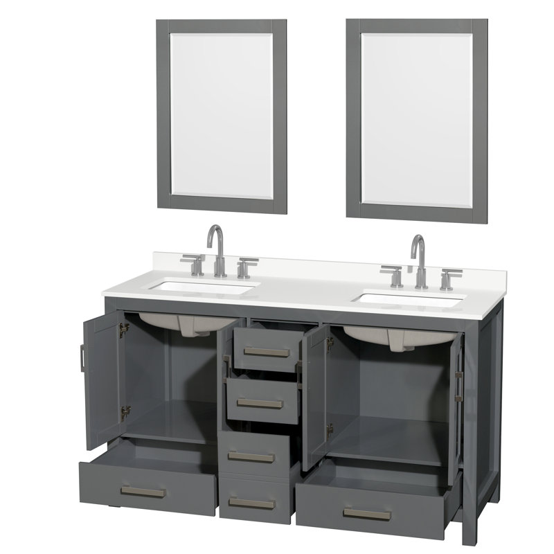 Meuble-lavabo double autoportant 60 po avec plateau en quartz Sheffield et miroirs 24 po Sheffield, Quartz blanc, Gris foncé