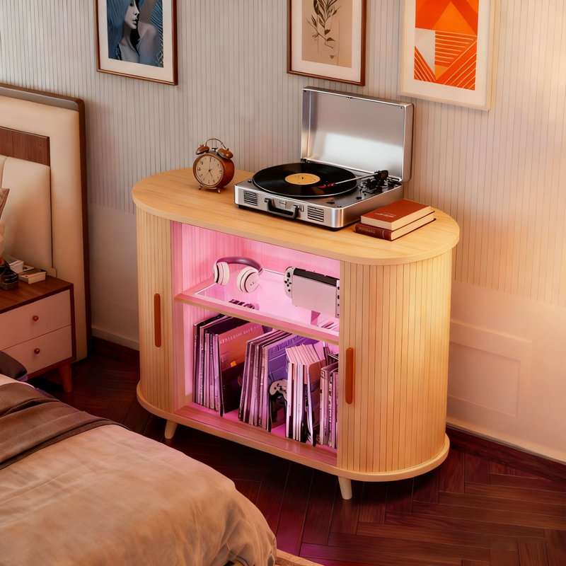 39in Large Record Player Stand with Charging Station & LED Light, Natural Oak, 28.7" H x 39.4" W x 15.7" D, Oak