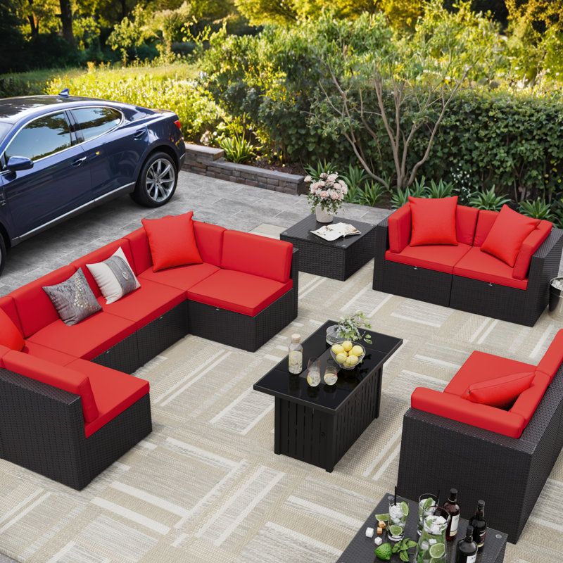 Brai Wicker 10 - Person Patio Conversation Set with Cushions, Red