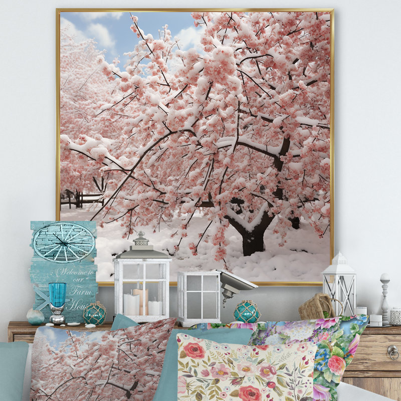 Hiver neige sur arbre de fleurs de cerisier roses - Art mural fleur de cerisier, Cadre flottant doré