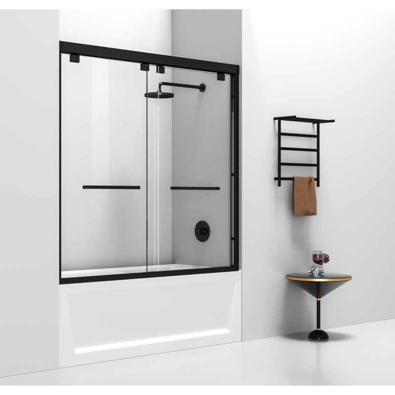 60'' - W x 60'' H Double Added Door Semi-Frameless Tub Door with, Black