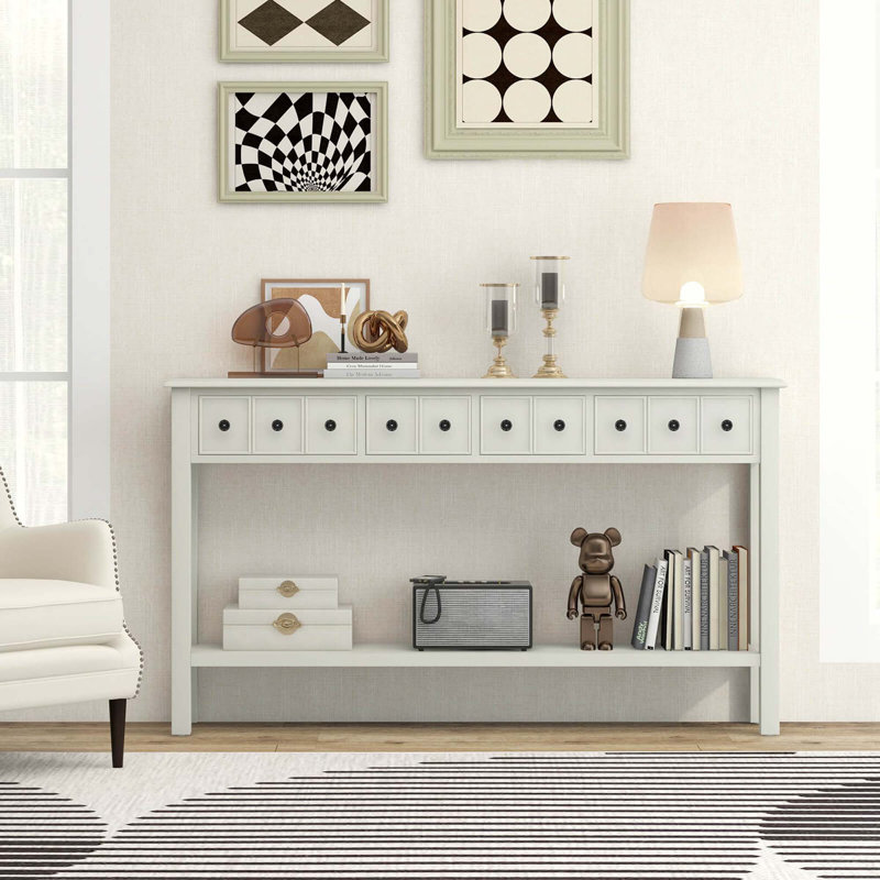 Lark Manor 60" Console Table Retro Entryway Sofa Table With 4 Drawers & Open Shelf Hallway White