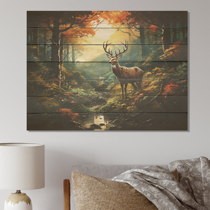 Vert et brun, cerf dans une forêt sauvage - animal cerf sur bois, H 10 po x l 20 po x P 0,78 po