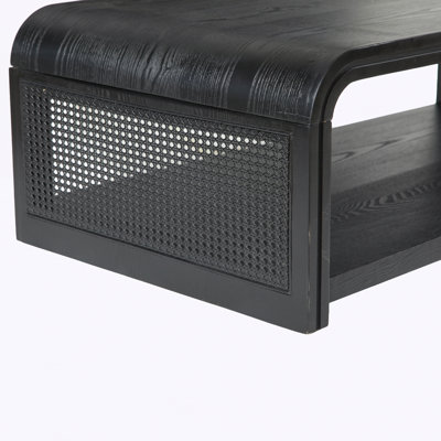Curved Rectangular Coffee Table with Rattan Sides, 2-Tier Storage Wooden Center Table,Boho Farmhouse Low Tea Table,suitable for Living Room,Apartment, Home Decor,Black