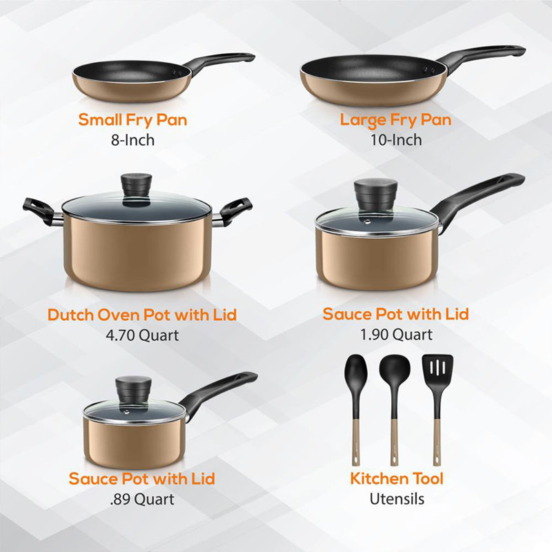 Gold Non-Stick Aluminum 11-Piece Cookware Set with Glass Lids