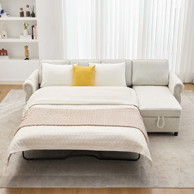 Modular L-Shaped Pull-Out Sofa Bed With Wireless And USB Charging, Memory Foam Mattress, Integrated Storage, And Convertible 2-In-1 Functionality.