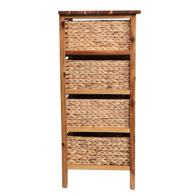 Cohen 33.5 in. H Coastal Bohemian Handcrafted Acacia Wood 4-Tier Storage Cabinet with 4 Water Hyacinth Woven Baskets, Natural