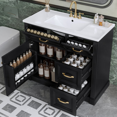 Meuble-lavabo de salle de bain avec lavabo, armoire avec tiroirs, porte à fermeture en douceur, tablette réglable et lavabo en céramique pour l'organisation de la salle de bain