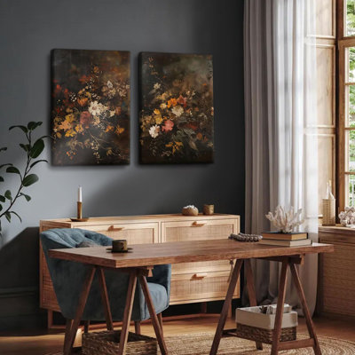 2 pièces rétro art floral sur toile murale Moody automne floral décoration murale photos fleurs de campagne affiches impressions nature morte peintures pour ferme salon chambre à coucher salle à manger décor 16 x 24 pouces