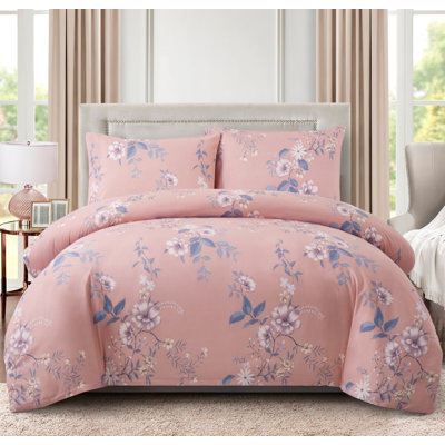 Marina Decoration Home Bedding Ensemble Cooling Bedsheet Soft Deep Pocket 4 Piece Rayon from Bamboo Printed Fitted Sheet Duvet Cover Set with Corner Tie, Purple Floral Pink Pattern Double/Full Size