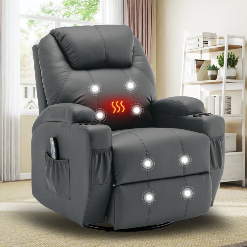 Recliner Chair,Recliner With Heat And Massage, 360°Swivel Recliners, Rocker Recliner With Cup Holders And Side Pockets, Gray