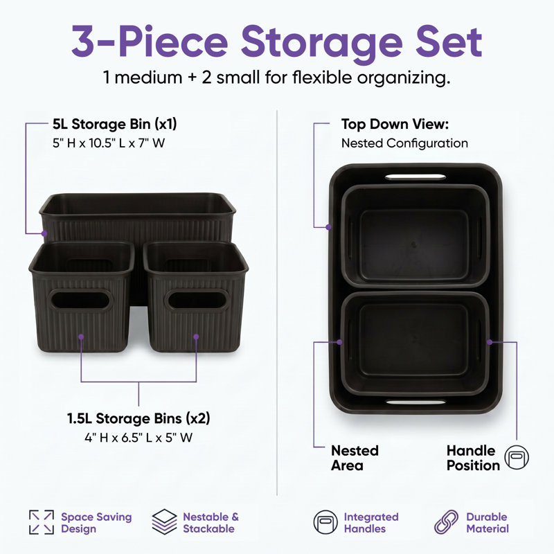 Ribbed 3 Piece Plastic Bin Set, Brown