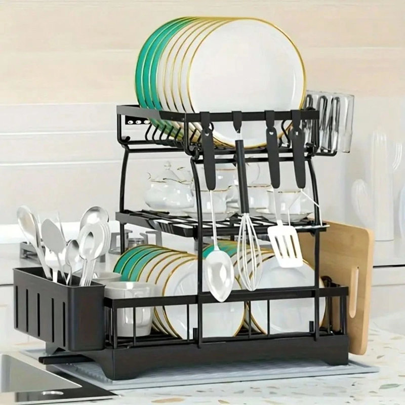 Égouttoir à vaisselle, égouttoirs à vaisselle à 2 niveaux pour comptoir de cuisine, égouttoir à vaisselle avec égouttoir et tapis, égouttoir à vaisselle avec couteau, égouttoir à fourchette et à tasses, cadeaux pour les femmes, fête des mèr