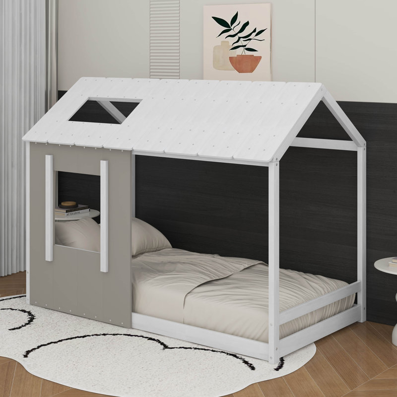 Plateforme pour lit simple avec fenêtre et toit, Blanc / gris antique