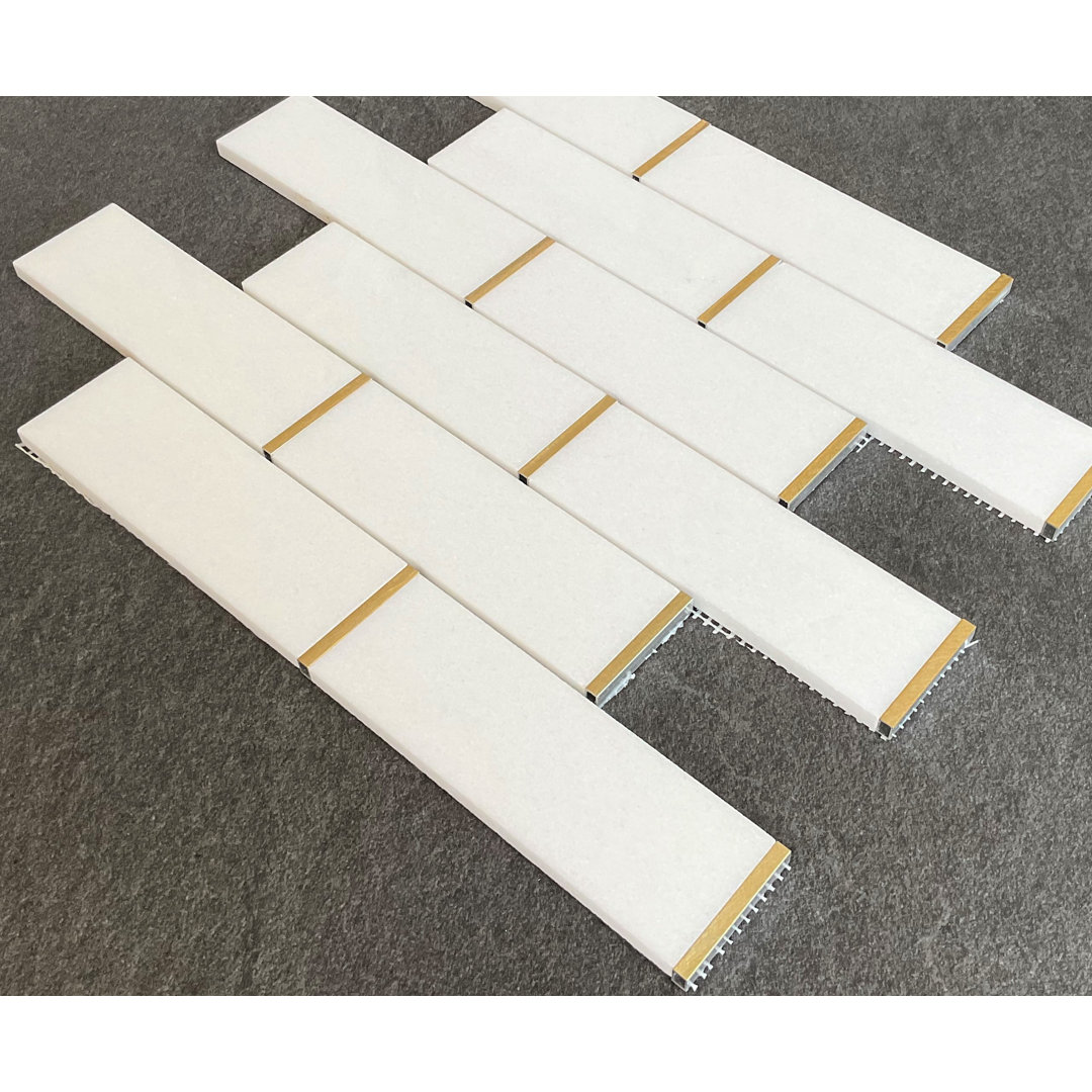 2" x 6" Thassos White Marble and Gold Metal Brick Pattern Mosaic Wall & Floor Tile ES Stone