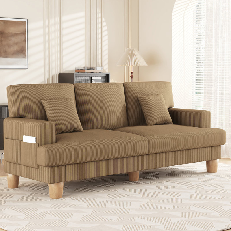 87-inch Corduroy Sofa with 3 Seats, No Tool Assembly,Solid Wood Frame and Solid Wood Legs-Brown, Brown