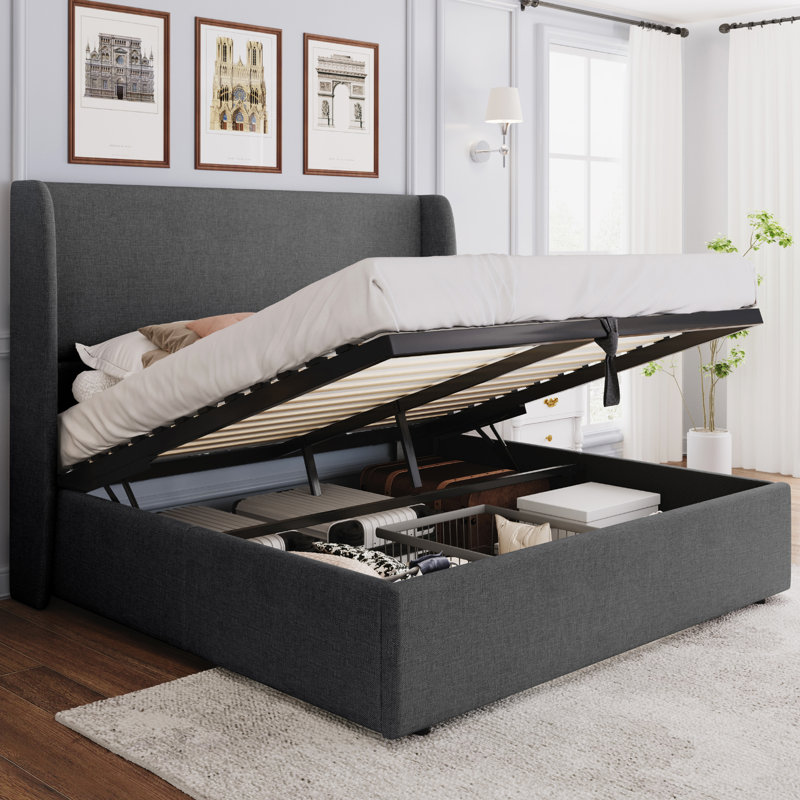 Lit escamotable avec rangement et tête de lit à oreilles, grand, gris foncé, Grand, Gris foncé