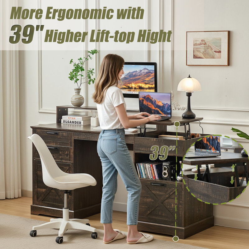 63"W Farmhouse Executive Lift Top Desk, Wood Country Rustic Home Office Desk With Charging Station, Computer Desk With 3 Drawers, Led Gaming Work Desk With Monitor Stand, White, Walnut