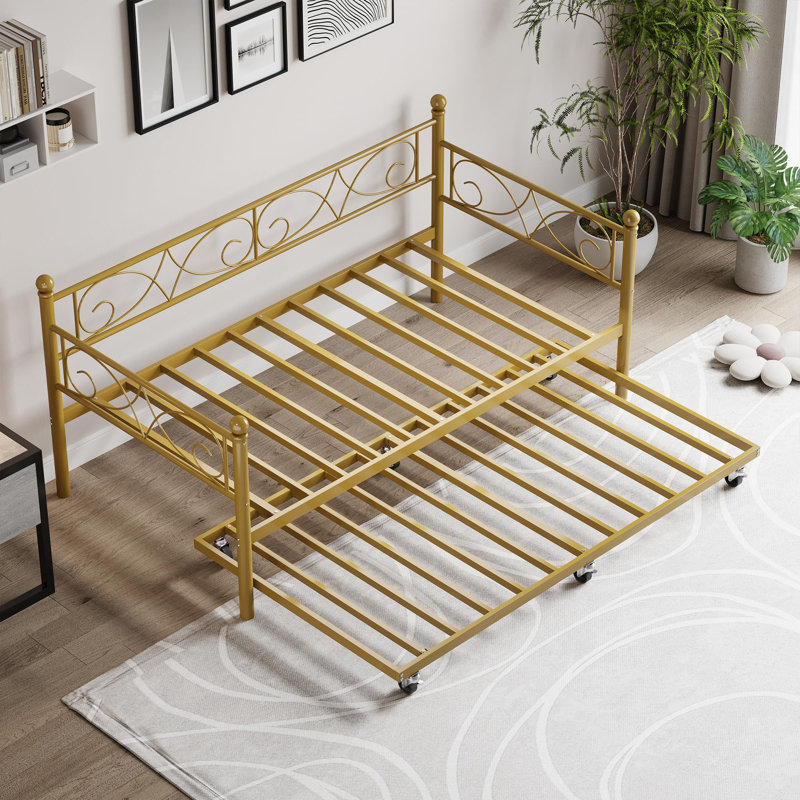 Daybed with Trundle Bed, Twin Size Metal Sofa Bed Frame with Floral Headboard and Pull-Out Trundle, Gold