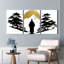 Ensemble de 3 tableaux sur toile tendue représentant un paysage zen japonais avec le mont Fuji et la silhouette d'un samouraï-542668007