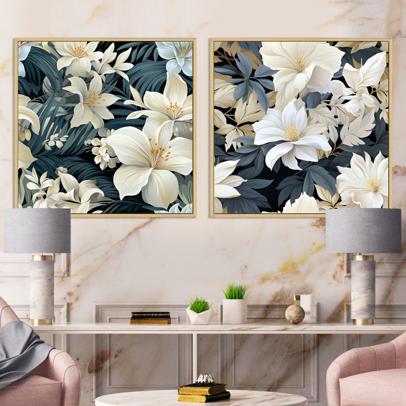 Aymen - Ensemble de 2 collages carrés floraux, H 16 po x l 33 po, Cadre flottant brun
