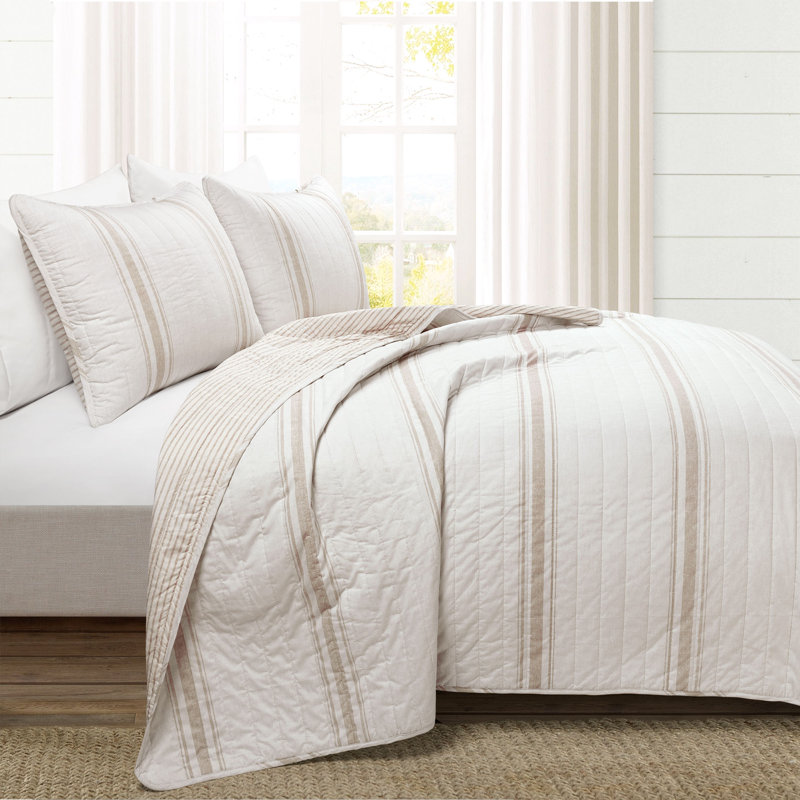 Gilroy Farmhouse / Country Cotton Striped Quilt, King Quilt + 2 Shams, Neutral