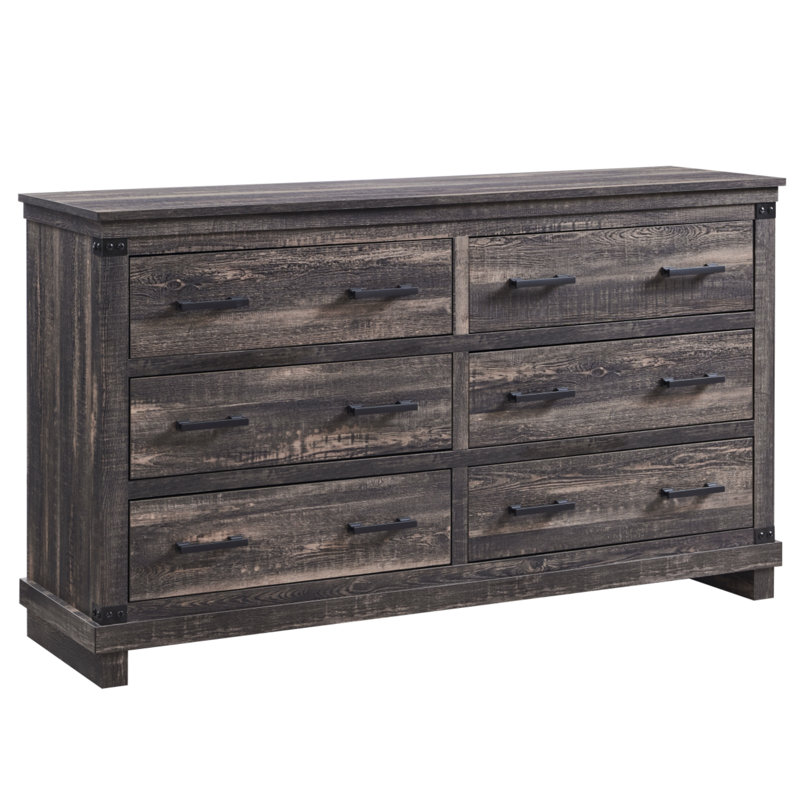 Rasiyah Farmhouse 6 - Drawers Double Dresser Organizer, Wood Rustic Wide Chest of Drawers, Dark Gray