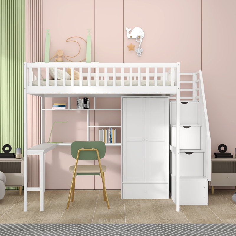 Lit mezzanine double avec bureau intégré Heartlee, Blanc