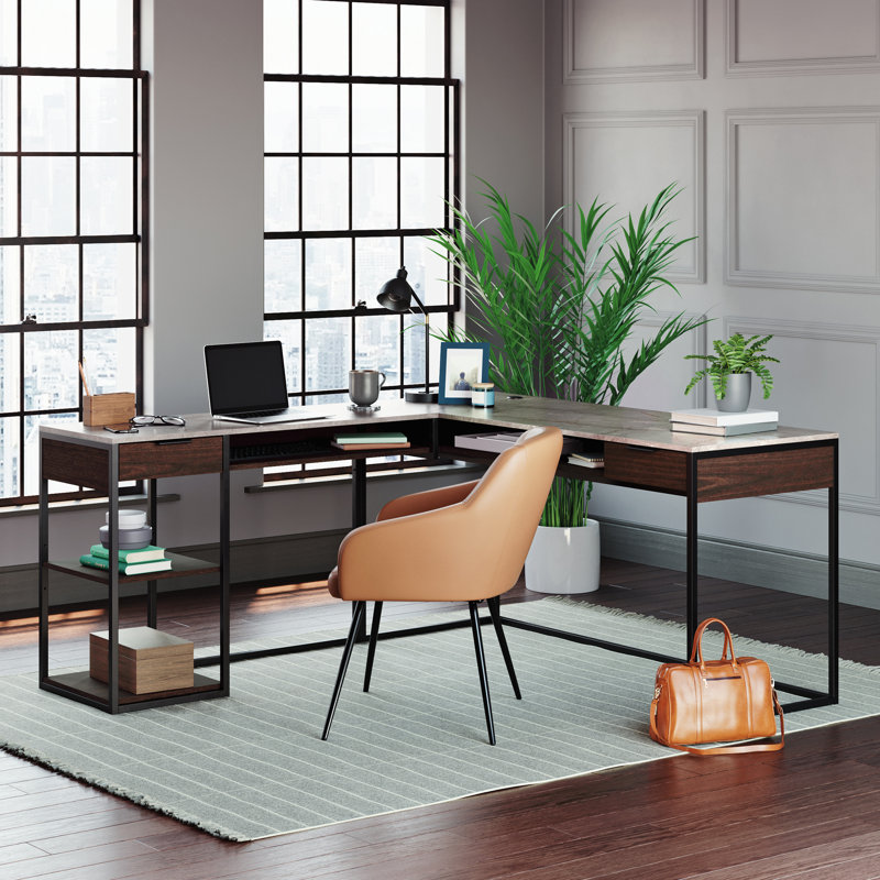L-Shaped Writing Desk, Umber Wood/Black