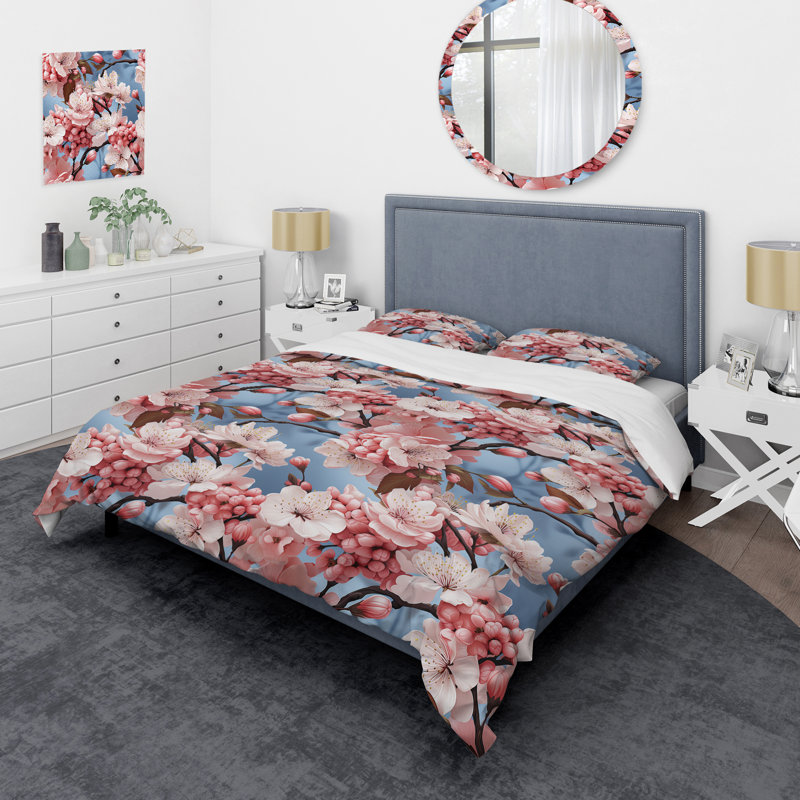Ensemble de housse de couette à motif floral cerisier rose et bleu II, Housse de couette pour très grand lit et 2 très