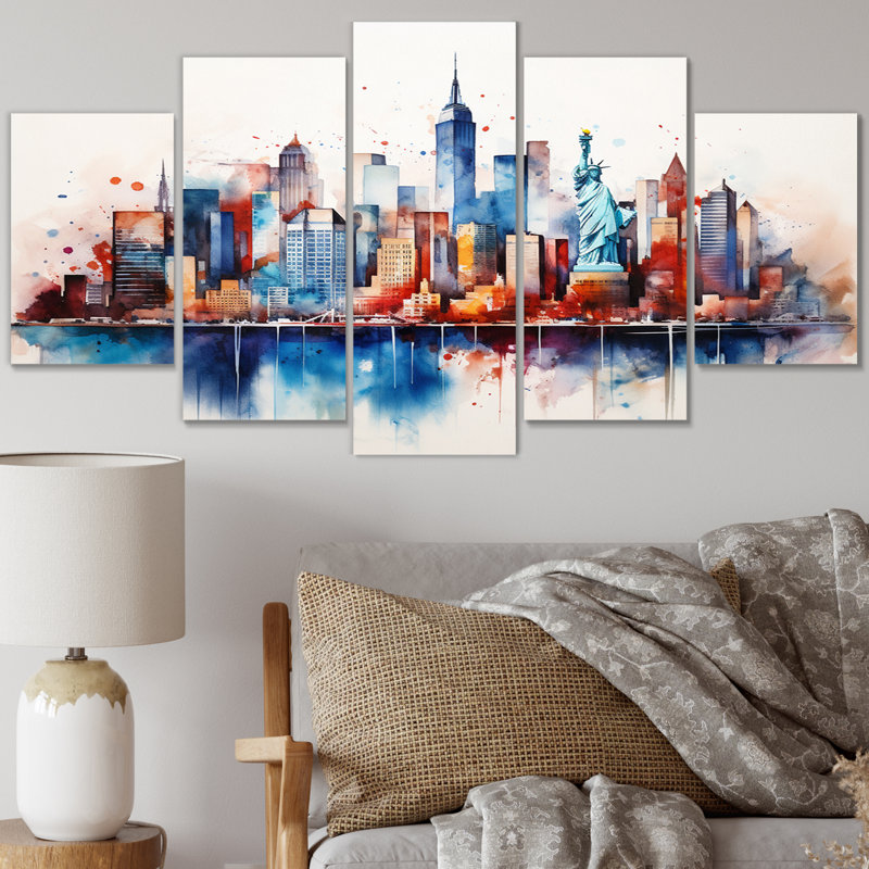 «Dreamy New York Scenery Retro Watercolor III», décoration murale City New York - 5 panneaux