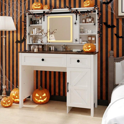 Bureau de coiffeuse avec miroir à DEL et prise de courant, table de maquillage avec 3 tiroirs, armoire et tabouret de rangement, coiffeuse avec tablettes pour la chambre à coucher