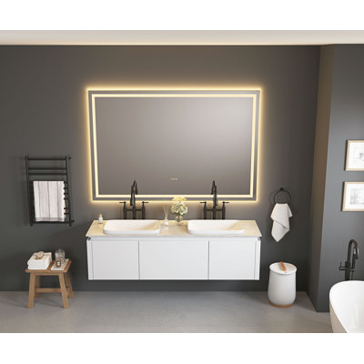 Miroir de salle de bain 60 po x 48 po à DEL avec façade et rétroéclairage, miroir de meuble-lavabo mural avec cadre en aluminium, antibuée, mémoire, 3 couleurs, gradation continue