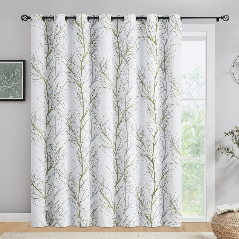 Esmurria 100% Blackout Patio Sliding Glass Door Curtains 84 Inch Long, Green Gray On White Tree Branch Patterned Drapes, Extra Wide Thermal Insulated Panels