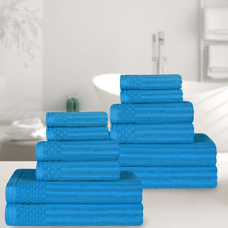 12-Piece Solid Highly Absorbent  and Checkered Border Cotton Towel Set, Azure