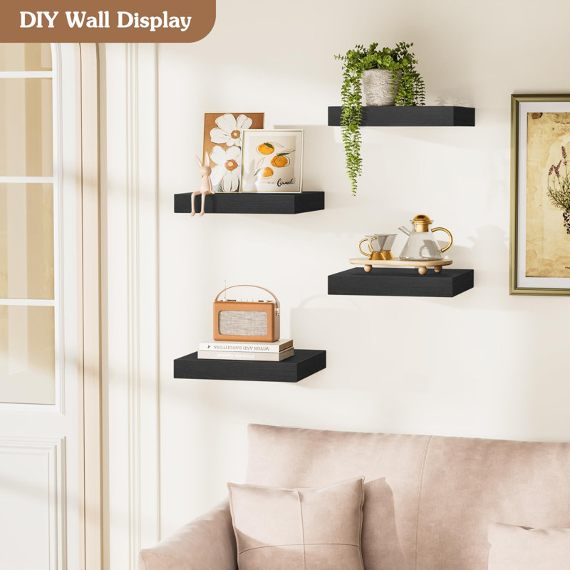 4 Piece Square Floating Shelf, Black